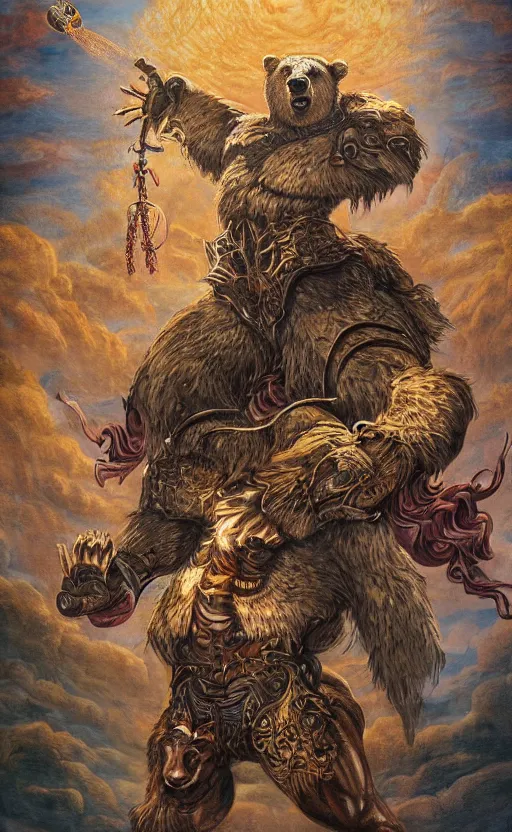 Image similar to mural of a bear beast-man, sci fi weapon, royal ornaments, reaching towards the heavens, sci fi world, holy imagery, highly detailed, beautiful colors, renaissance mural, mural in the style of sandro boticceli, sandro boticceli