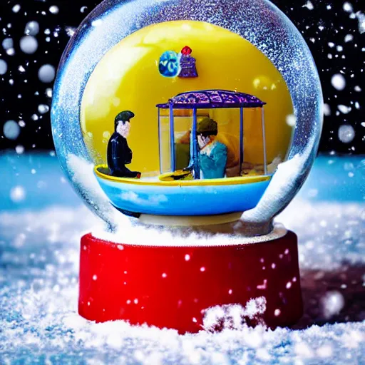 Image similar to yellow submarine inside a snowglobe on a table, photograph