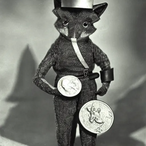 Prompt: anthropomorphic fox multi-jointed puppet who is a medieval knight holding golding coins, 1930s film still