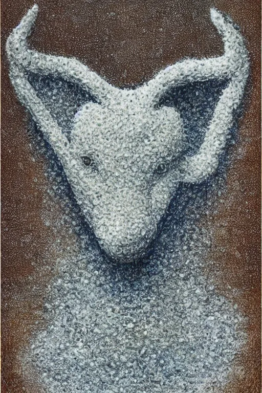 Prompt: a portrait of a creature made from snow and soil, high detail, muted colors, pointillism