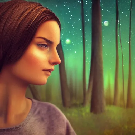 Image similar to an hd photo of a young woman with short brown hair and green eyes, beautiful trees in the background, night sky with stars and galaxies, trending on artstation