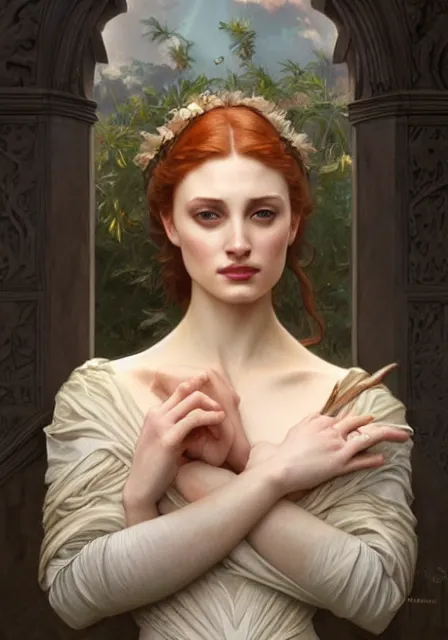 Image similar to sansa angeline jolie gessica chastain sea, intricate, elegant, highly detailed, digital painting, artstation, concept art, smooth, sharp focus, illustration, art by artgerm and greg rutkowski and alphonse mucha and william - adolphe bouguereau