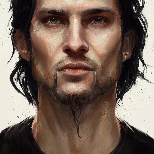 Prompt: Portrait of a man by Greg Rutkowski, he is about 30 years old, messy long black hair, tired appearance, roman nose, wearing black t-shirt, highly detailed portrait, digital painting, artstation, concept art, smooth, sharp foccus ilustration, Artstation HQ.