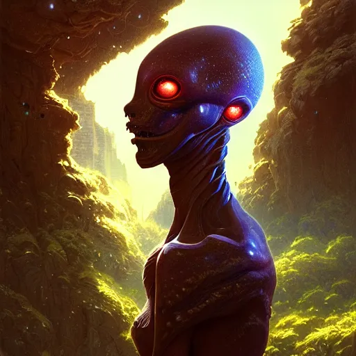 Image similar to highly detailed portrait from a male alien, extraterrestrial, aquatic, stephen bliss, unreal engine, fantasy art by greg rutkowski, loish, rhads, ferdinand knab, makoto shinkai and lois van baarle, ilya kuvshinov, rossdraws, tom bagshaw, global illumination, radiant light, detailed and intricate environment