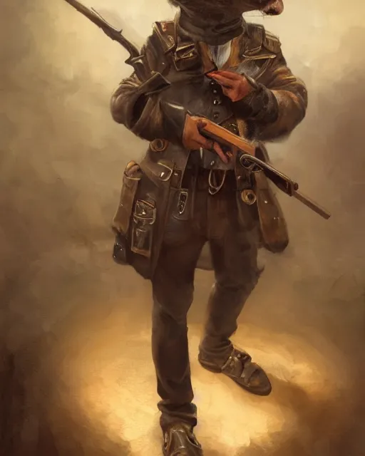 Image similar to oil painting of anthropomorphized hamster holding Rifle, steampunk clothes, close shot, full body, dark steampunk mine shaft background, sharp focus, fantasy style, octane render, volumetric lighting, 8k high definition, by greg rutkowski, highly detailed, trending on art Station, dungeons and dragons artwork, centered