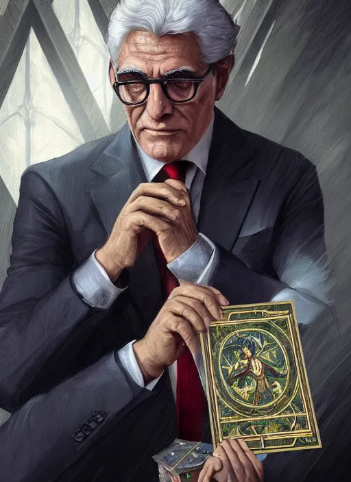 Image similar to sergio mattarella, b, wearing a suit, tarot card, deep focus, d & d, fantasy, intricate, elegant, highly detailed, digital painting, artstation, concept art, matte, sharp focus, italian flag, illustration, hearthstone, art by artgerm and greg rutkowski and alphonse mucha