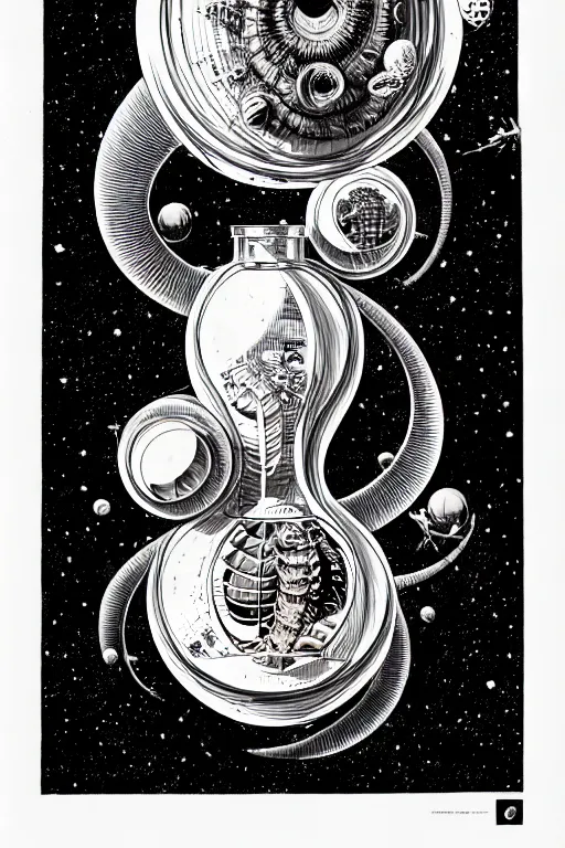 Prompt: caterpillar inside of science flask, high details, bold line art, by vincent di fate and joe fenton, inking, etching, screen print, masterpiece, trending on artstation, sharp, high contrast, hyper - detailed, hd, 4 k, 8 k