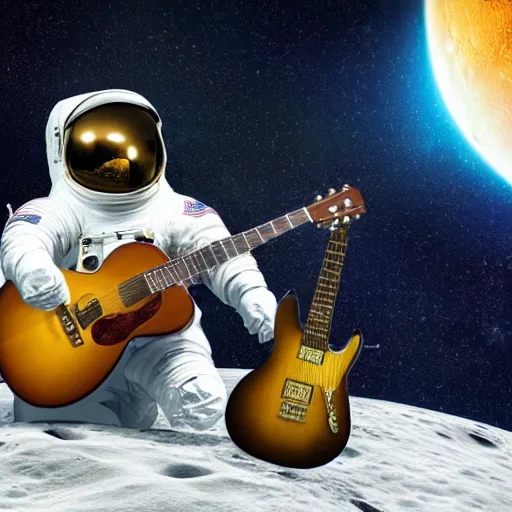 Prompt: a photo of a detailed, realistic, regular sized, sitting idle electric guitar next to an idle beer can next to an astronaut sitting on the moon surface. detailed photo. realistic photo