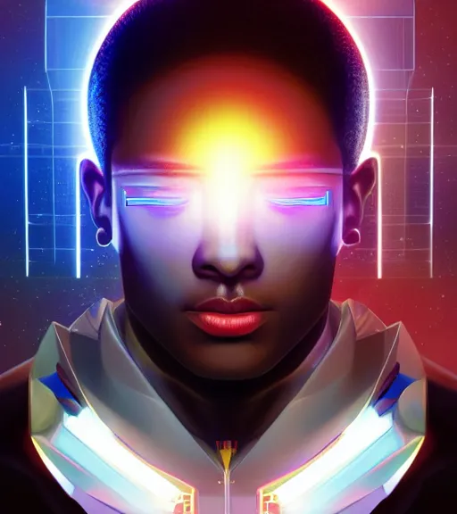 Image similar to symmetry!! egyptian prince of technology, solid cube of light, hard edges, product render retro - futuristic poster scifi, lasers and neon circuits, brown skin man egyptian prince, intricate, elegant, highly detailed, digital painting, artstation, concept art, smooth, sharp focus, illustration, dreamlike, art by artgerm