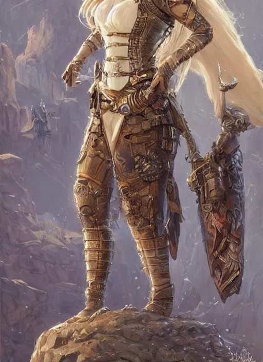 Image similar to highly detailed steampunk armor on a blond who is standing on a rock : greg rutkowski, magali villeneuve