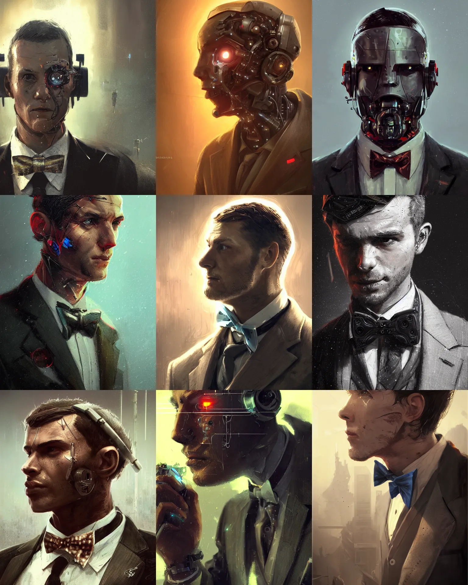 Image similar to a rugged young engineer man with cybernetic enhancements wearing a suit and bowtie, detailed face, scifi character portrait by greg rutkowski, esuthio, craig mullins, 1 / 4 headshot, cinematic lighting, dystopian scifi gear, gloomy, profile picture, mechanical, half robot, implants, steampunk