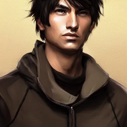 Image similar to portrait of a man by Artgerm, he is about 30 years old, short black hair with bangs, his features are a mix between French, Turkish and Russian and he is wearing a beige and black utility jumpsuit, highly detailed portrait, digital painting, artstation, concept art, smooth, sharp foccus ilustration, Artstation HQ