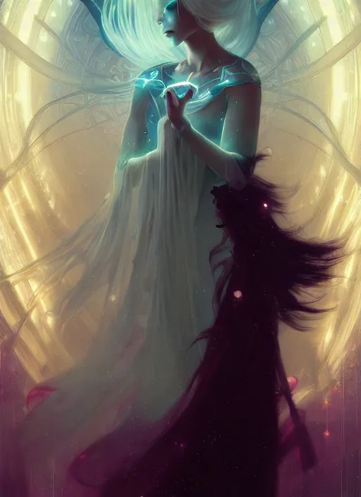 Prompt: a beautiful white haired princess, intricate concept art, ethereal, ominous, mysterious, enchanted, magic, dramatic lighting, illuminated lines, outrun, vaporware, illuminated runes, cyberpunk darksynth, dark background, 8 k, by ruan jia and krenz cushart and alphonse mucha