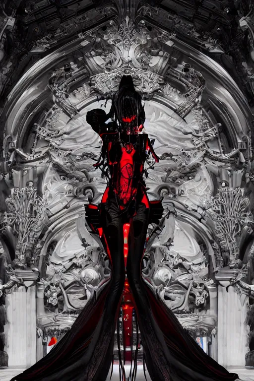 Image similar to full-body cyberpunk style sculpture of a young beautiful dark priestess, half android with a head opening exposing circuitry. glowing red eyes, black roses, flowing blood-red colored silk. fabric, candles. baroque elements, human skull. full-length view. baroque element. intricate artwork by caravaggio. crows flying in background. Trending on artstation, octane render, cinematic lighting from the right, hyper realism, octane render, 8k, depth of field, 3D