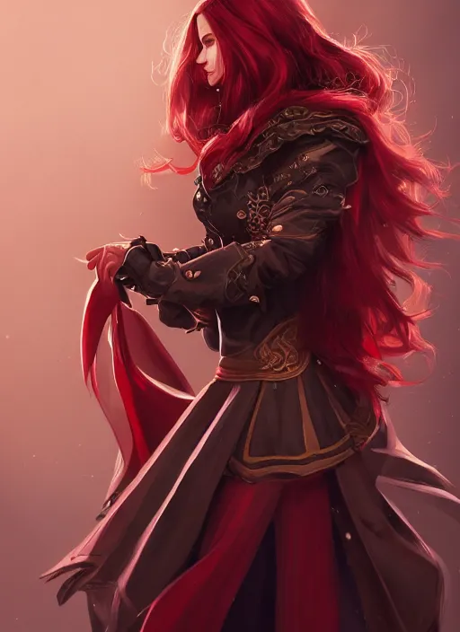 Prompt: a highly detailed illustration of beautiful long dark red haired woman wearing wine red epaulette uniform and coat cape, dramatic wielding strings pose, intricate, elegant, highly detailed, centered, digital painting, artstation, concept art, smooth, sharp focus, league of legends concept art, wlop