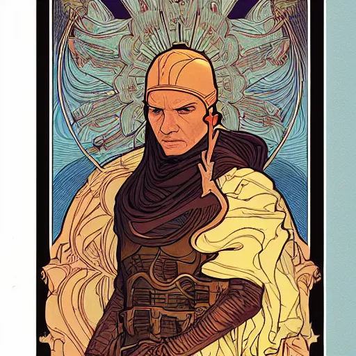 Image similar to majestic dune themed paul atreides messianic tarot card by sachin teng, artgerm, alphonse mucha, masterpiece, organic painting, matte painting, technical geometrical drawing shapes, lightning electricity coil, hard edges, graffiti, screen printing poster art by sachin teng