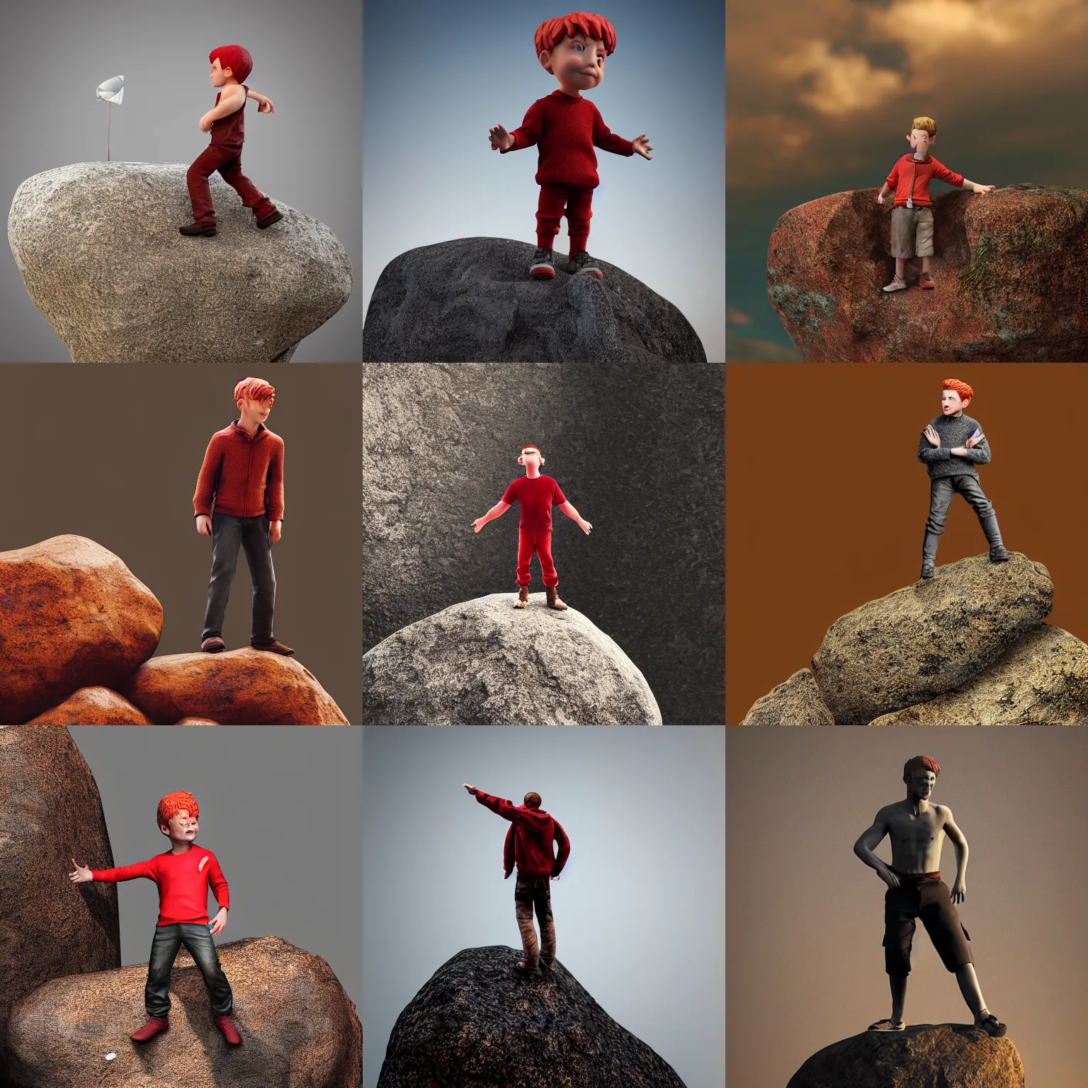 Prompt: a realistic diminutive red haired young man figurine standing on a giant rock, realistic, 3 d render, behance, octane render, glossy, reflecting,