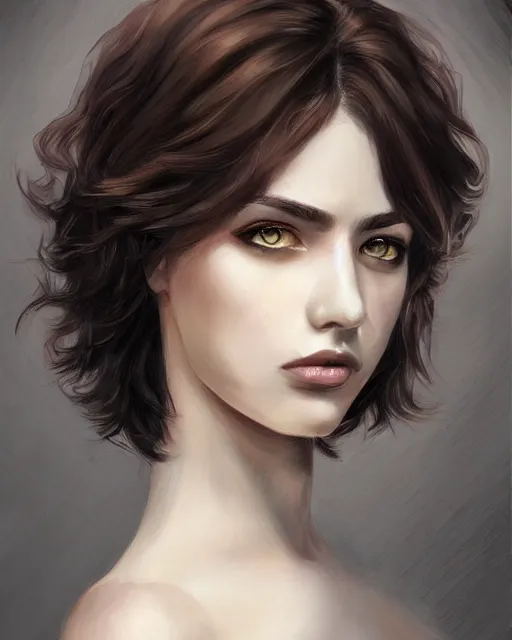 Prompt: portrait painting of an androgynous 2 2 year old with short dark curly hair and pale skin, dark eyeliner, artgerm, deviantart, artstation