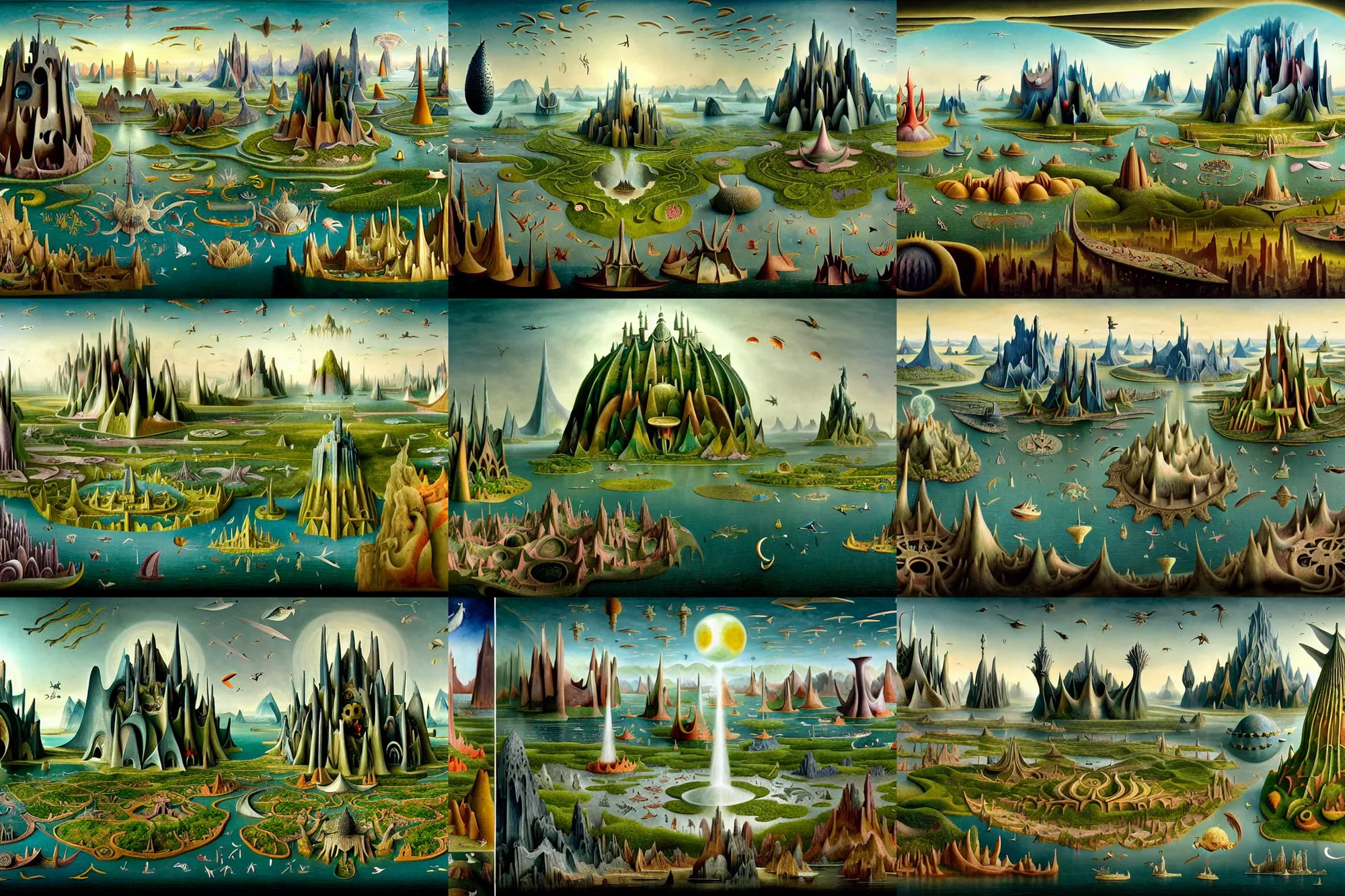 Prompt: a beautiful and insanely detailed matte painting of sprawling dream worlds advanced civilizations with surreal architecture designed by Heironymous Bosch, mega structures inspired by Heironymous Bosch's Garden of Earthly Delights, creatures of the air and sea inspired by Heironymous Bosch's Garden of Earthly Delights, ships in the harbor inspired by Heironymous Bosch's Garden of Earthly Delights, vast surreal landscape and horizon by Jim Burns, rich pastel color palette, masterpiece!!, grand!, imaginative!!!, whimsical!!, epic scale, intricate details, sense of awe, elite, fantasy realism, complex composition, 4k post processing