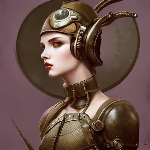 Image similar to ilya kuvshinov tom bagshaw, curiosities carnival, soft paint of a single bald beautiful female in a full steampunk armor, rabbit - ear helm, symmetry accurate features, focus, very intricate ultrafine details, award winning masterpiece