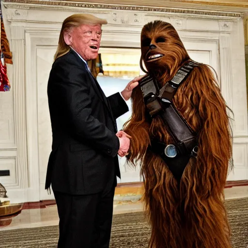 Image similar to high quality photo of chewbacca meeting the president of the united states of america , realism, 8k, award winning photo