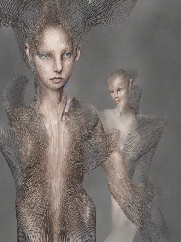 Prompt: a matte digital painting of a woman dressed in Iris van Herpen design, symmetrical, elegant, underwater, muted color