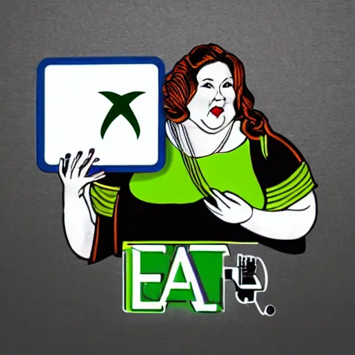 Prompt: fat lady with an xbox logo on her