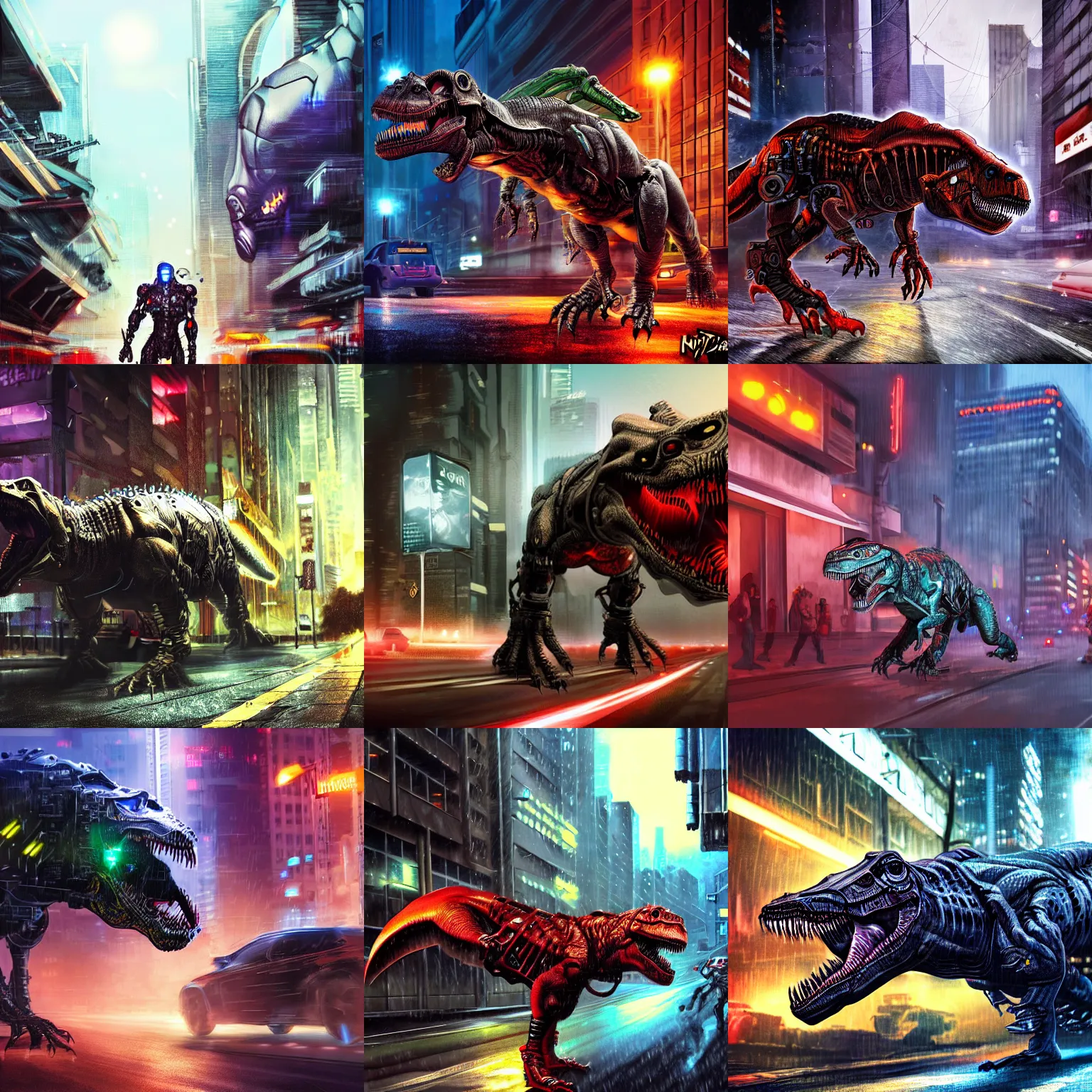 Prompt: A cyborg t-rex rampaging down a street, cyberpunk, digital painting, detailed background, night, rain