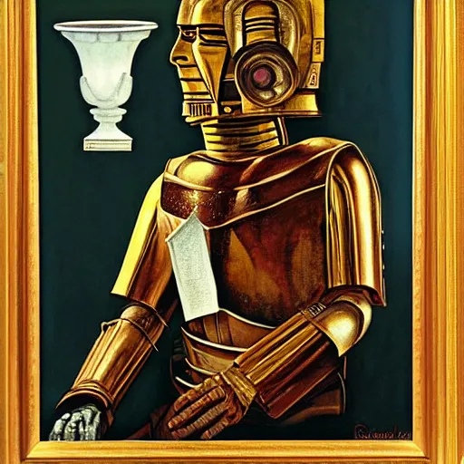 Image similar to a portrait painting of C3P0. Painted by Norman Rockwell