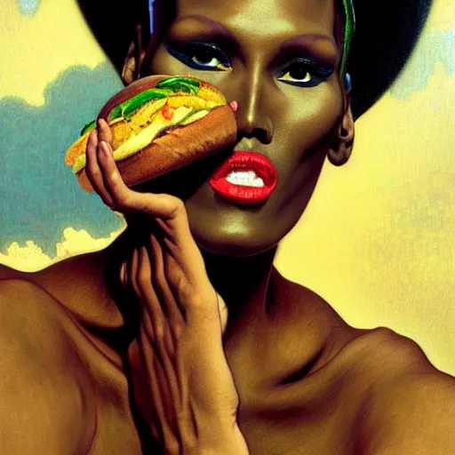 Prompt: painted portrait of ( grace jones ) biting and eating giant hamburgers, mature, handsome, fantasy, intricate, elegant, highly detailed, digital painting, artstation, concept art, sharp focus, illustration, illumination, holy ethereal light, art by gaston bussiere and alphonse mucha