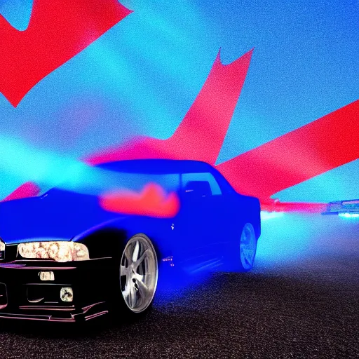 Prompt: electric blue R34 skyline with Canadian flag in the background, photography, 4k, volumetric lighting, glowing fog