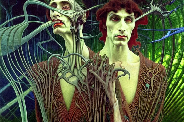 Image similar to realistic extremely detailed portrait painting of an elegantly creepy vampire man dressed as dracula, futuristic sci-fi forest on background by Jean Delville, Amano, Yves Tanguy, Alphonse Mucha, Ernst Haeckel, Edward Robert Hughes, Roger Dean, rich moody colours