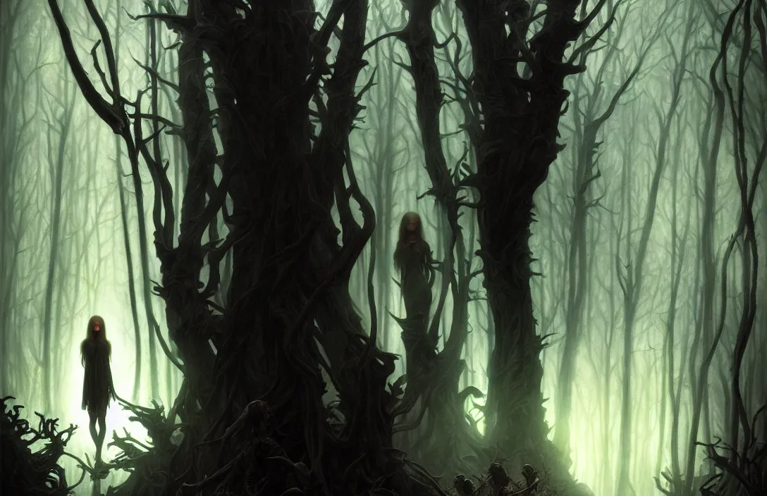 Image similar to shadow people inside a dark horror forest, heroic lighting, folklore, intricate, highly detailed, lifelike, photorealistic, digital painting, artstation, illustration, concept art, smooth, sharp focus, art by John Collier and Albert Aublet and Krenz Cushart and Artem Demura and Alphonse Mucha