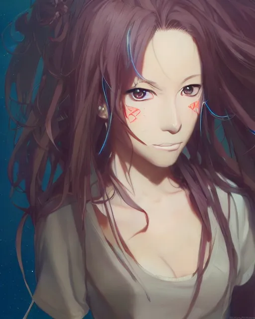 Image similar to anime portrait of Alanis Morissette as an anime woman by Stanley Artgerm Lau, WLOP, Rossdraws, James Jean, Andrei Riabovitchev, Marc Simonetti, and Sakimichan, trending on artstation