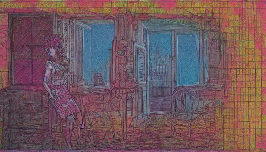 Prompt: corlaine in the pink palace, colored pencil crosshatch, Golden ratio, Oil rig, solarpunk