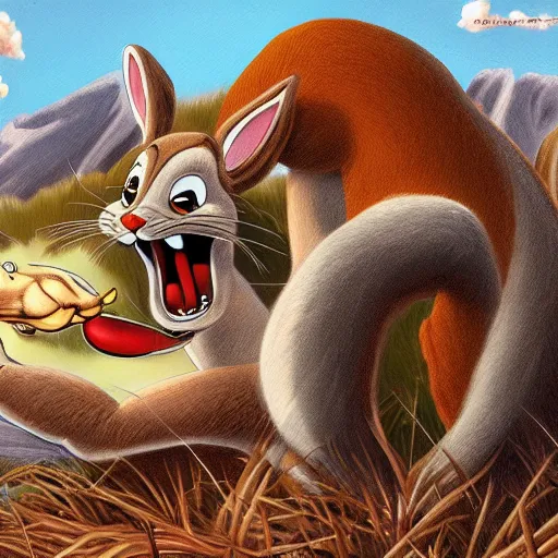 Image similar to bugs bunny being eaten by a mountain lion, digital art, 4k