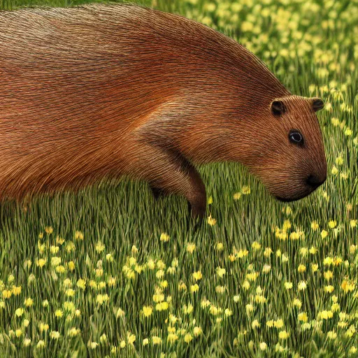 Image similar to “photorealistic capybara performing tai chi, hd, centered, sharp focus, octane render, trending on art station, wildflower field background, highly detailed, high quality”