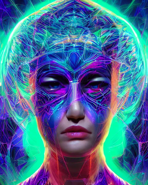 Image similar to a powerful energy psychedelic matrix woman, by alexander fedosav, hyper detailed digital matte painting, concept art, hyperrealism, 1 6 k resolution, cinema 4 d, 8 k resolution, trending on artstation, behance hd, a masterpiece, by stephan martiniere, particles, cel - shaded, power bright neon energy, by david a. hardy,