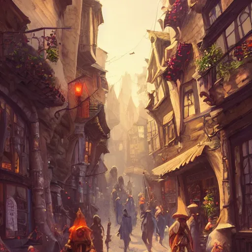 Image similar to a busy street within a fascinating old fantasy city, quirky shops, narrow streets, old buildings, old stone steps, street life, by Sylvain Sarrailh, cinematic, stunning composition, beautiful detailed digital painting, oil painting, dungeons and dragons, lord of the rings