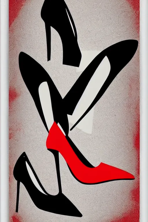 Prompt: black high heels with red bottoms, illustration, graphic design, high fashion, wall art, elegant, pop art style,