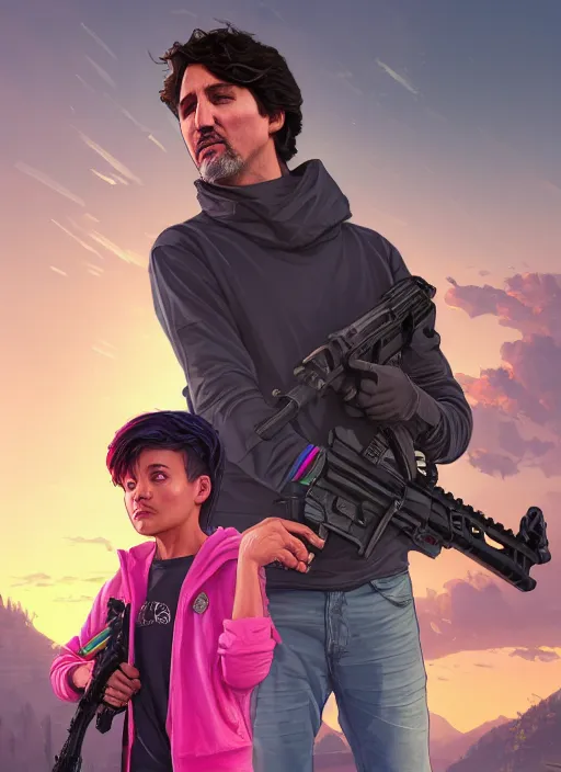 Image similar to highly detailed portrait justin trudeau in ( ( pink hoody rainbow socks ) ) holding ar - 1 5! in gta v stephen bliss unreal engine fantasy art by greg rutkowski loish rhads ferdinand knab makoto shinkai lois van baarle ilya kuvshinov rossdraws tom bagshaw global illumination radiant light detailed intricate environment