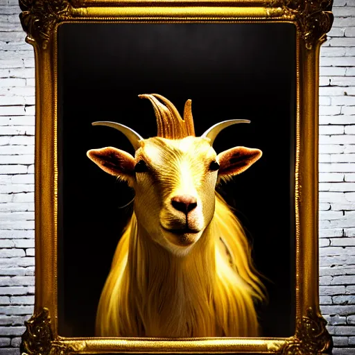 Prompt: portrait of a golden goat, beautiful portrait, studio lighting, 4 k, masterpiece cannon, boka