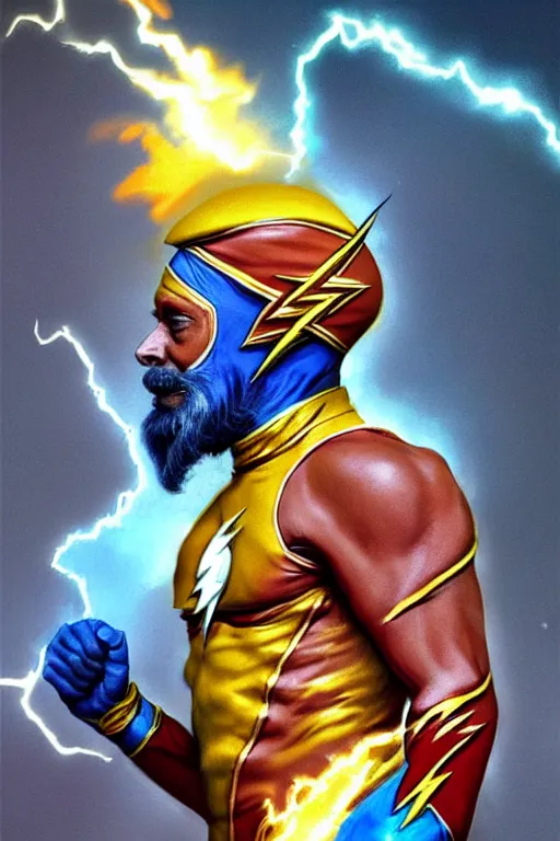 Image similar to Manmohan Singh as Flash, Flash costume, Manmohan Singh blue turban, Flash body type, Manmohan Singh Face, calm, lightnig speed, grumpy, portrait, masculine figure, highly detailed, digital painting, artstation, concept art, smooth, sharp focus, illustration, cinematic lighting, art by artgerm and greg rutkowski and alphonse mucha