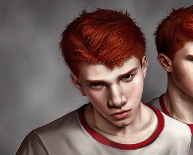 Image similar to portrait stocky of 1 9 - year - old male twins with red hair and freckles, two male, wearing shirts,, hyper realistic face, beautiful eyes, character art, art by mark brooks, hyperdetailed, cryengine, trending on artstation, digital art