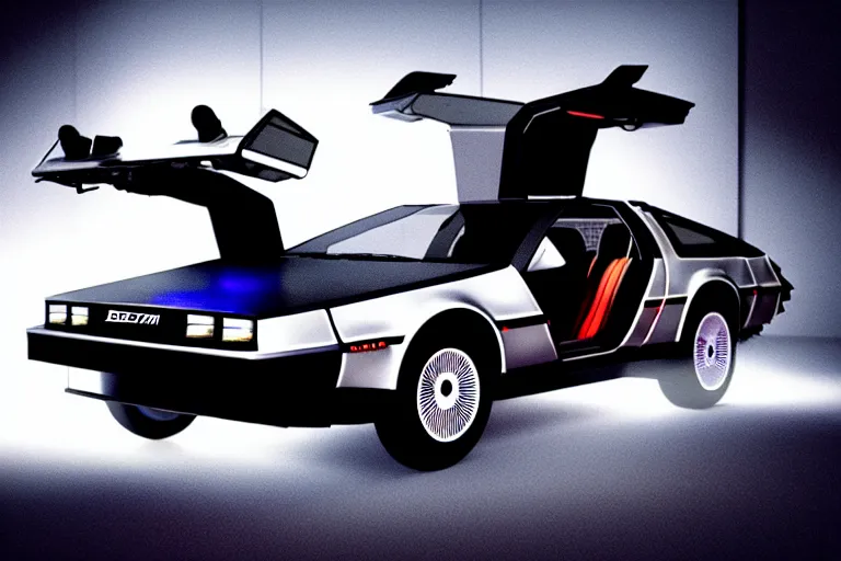 Image similar to photograph of the delorean from back to the future in half life 2, dark room, cinematic, volumetric lighting, hyperdetailed photograph