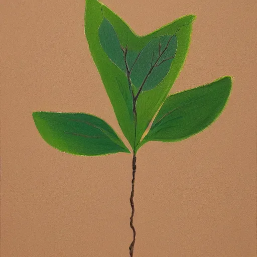 Prompt: detailed painting of a single seedling on loose fresh earth, revealing a few small branches with leaves. a small bud appears for a flower. muted colors and natural tones.