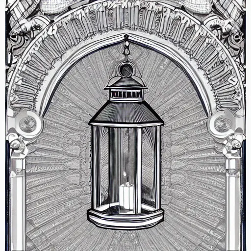 Prompt: very technical and detailed blueprint of a lantern, Center Frame, intricate details, ultra-detailed, baroque style, illustration, desaturated, concept art