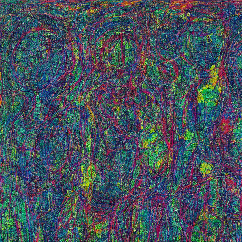 Prompt: two human figures next to each other, anxiety, smiling, abstract, maya bloch artwork, ivan plusch artwork, cryptic, lines, stipple, dots, abstract, geometry, splotch, concrete, color tearing, uranium, acrylic, neon, pitch bending, faceless people, dark, ominous, eerie, minimal, points, technical, painting