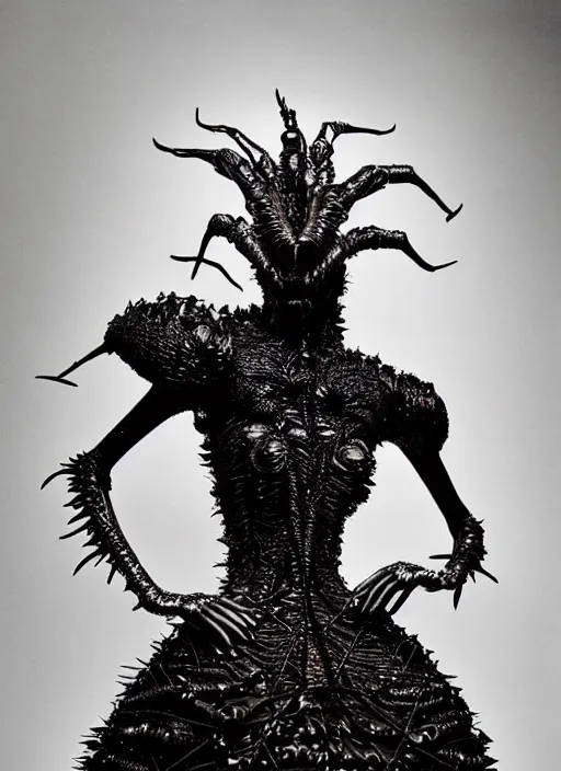 Image similar to walking down the catwalk, tim walker, show, stage, vogue photo, podium, fashion show photo, historical baroque dress dark, iris van herpen, beautiful woman, masterpiece, intricate, biopunk, vogue, full body shot, alien, plant predator, guyver, highly detailed