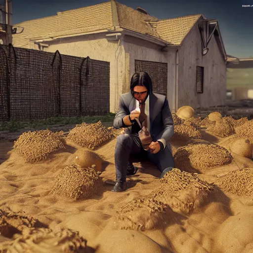 Prompt: john wick digging potatoes in belarus, instagram photo, photorealistic, hyper detailed, hyper realistic, houdini, vfx, unreal engine 5, octane render, 8 k